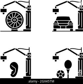 Icone glyph nero del processo di produzione impostate sullo spazio bianco Illustrazione Vettoriale