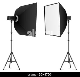 Softbox nero nella vista anteriore e posteriore, isolato su sfondo bianco. Illustrazione vettoriale di illuminazione professionale da studio. Illustrazione Vettoriale