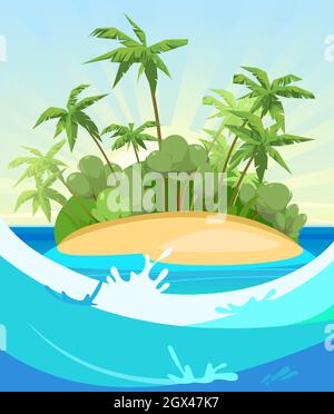Isola nell'oceano. Stile cartoon. Luci di sole. Mare blu. Giungla di palme. Illustrazione del design piatto. Isolato su sfondo bianco. Grandi onde Illustrazione Vettoriale