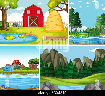 Quattro scene diverse in natura impostazione stile cartoon Illustrazione Vettoriale