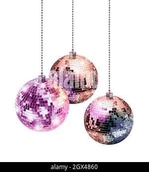 Disco glitter specchio palle di Natale appeso su sfondo bianco Foto Stock