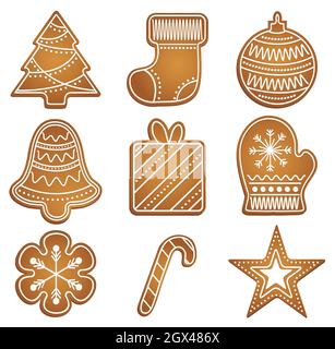 Cookie di Natale impostare illustrazione vettoriale. Icona biscotti di pan di zenzero isolato. Illustrazione Vettoriale