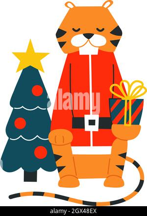 Carino tigre cartoon. Felice anno nuovo 2022. Oroscopo cinese. Illustrazione isolata dal vettore. Buon Natale. Carino personaggio con albero di natale e. Illustrazione Vettoriale