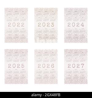 calendario 2022 2023 2024 2025 2026 2027 con testo scritto e punti di rumore testurizzati. modello annuale verticale a colori polverosi per stampa e digitale. La settimana inizia la domenica Illustrazione Vettoriale