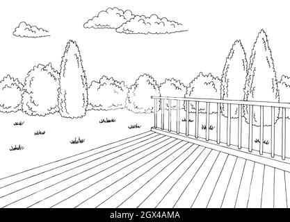 Backyard deck giardino grafico bianco nero disegno vettore illustrazione Illustrazione Vettoriale