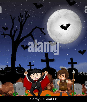 Tema di Halloween con i bambini in costume Illustrazione Vettoriale