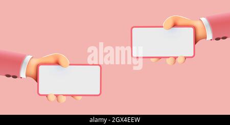 Carino 3D cartoon mani che tengono cellulare smart phone. Mockup moderno. Illustrazione vettoriale Illustrazione Vettoriale