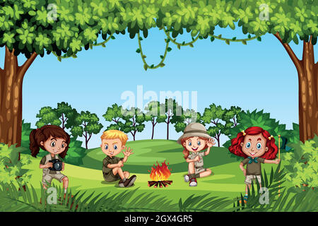 Campeggio bambini nella natura Illustrazione Vettoriale