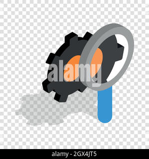 Lente di ingrandimento e ingranaggi icona isometrica Illustrazione Vettoriale