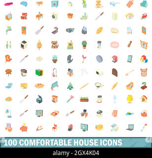 100 confortevoli house set di icone, stile cartoon Illustrazione Vettoriale