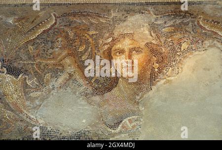 Pavimento a mosaico della villa romana la "Monna Lisa della Galilea", Parco Nazionale Zippori, bassa Galilea, Israele. La città di Zippori Foto Stock