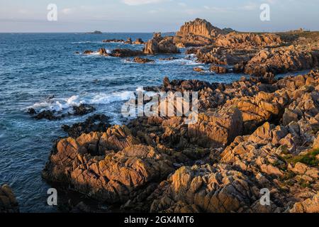 Ultima luce sulla costa rocciosa a Fort Hommet, Guernsey, Isole del canale Foto Stock