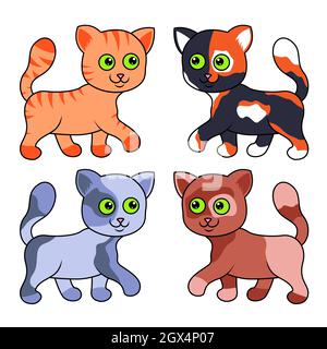 Quattro divertenti gatti cartoni animati isolati su sfondo bianco, immagine a colori di animali domestici Illustrazione Vettoriale