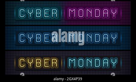 Vendita al neon Cyber Monday, serie di intestazioni del sito Web. Il brillante testo al neon del Cyber Monday per l'intestazione del sito Web e la pubblicità online. Promo banner, titolo, ba Illustrazione Vettoriale