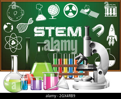 Progettazione di poster per l'educazione STEM con strumenti scientifici Illustrazione Vettoriale