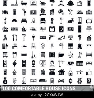 100 confortevoli house set di icone in stile semplice Illustrazione Vettoriale