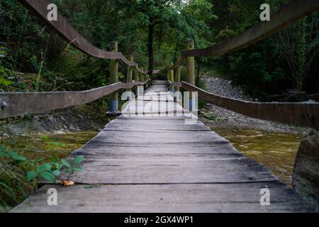 ponte di legno scuro sul fiume acqua verde che conduce alla foresta, sale del mir catalogna, spagna Foto Stock