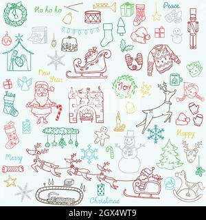 Doodles di Natale disegnati a mano. Torta di festa, regali, albero, Santa, renne, elf, ornamento, camino. Festa di Capodanno invernale. Contorno colorato. Illustrazione Vettoriale