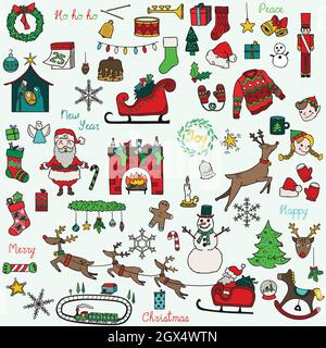 Doodles di Natale disegnati a mano. Torta di festa, regali, albero, Santa, renne, elf, ornamento, camino. Festa di Capodanno invernale. Elementi colorati. Illustrazione Vettoriale