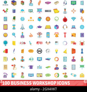 100 business workshop set di icone, stile cartoon Illustrazione Vettoriale