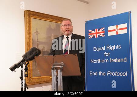 Il leader dell'UUP Doug Beattie parla a un evento marginale alla Conferenza del Partito conservatore di Manchester. Data foto: Lunedì 4 ottobre 2021. Foto Stock
