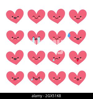 Set di emoticon carino. Varie emozioni del carattere. Collezioni icone avatar di San Valentino. Illustrazione vettoriale. Illustrazione Vettoriale