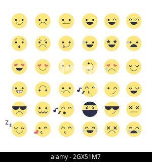 Impostare le icone delle emozioni per le applicazioni e la chat. Emoticon con diverse emozioni isolate su sfondo bianco. Illustrazione Vettoriale