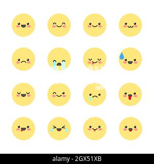 Imposta le icone delle emoticon per le applicazioni e la chat. Emoticon con diverse emozioni isolate su sfondo bianco. Illustrazione vettoriale in stile kawaii. Illustrazione Vettoriale