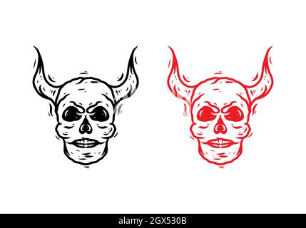 Colore nero e rosso della testa del cranio con disegno a corno Illustrazione Vettoriale