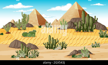 Paesaggio della foresta desertica a scena di giorno con Piramide di Giza Illustrazione Vettoriale