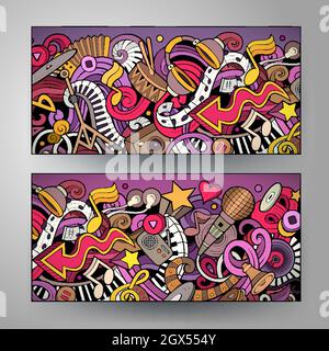 Cartoon carino Doodles Musica banner orizzontali set Illustrazione Vettoriale