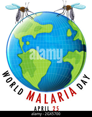 Logo o banner del World malaria Day con zanzara e terra Illustrazione Vettoriale