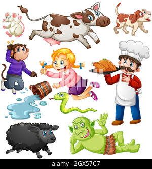 Set di fantasy personaggio cartoon isolato su sfondo bianco Illustrazione Vettoriale