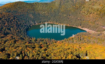 Veduta panoramica aerea del drone della stagione autunnale sul lago vulcanico di Sant'Anna (Sfanta Ana). Foresta e acqua. Harghita, Romania, in autunno Foto Stock