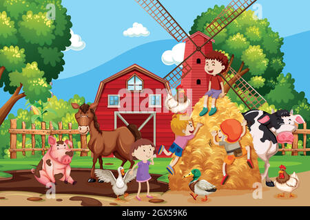 Scena agricola con bambini e animali Illustrazione Vettoriale
