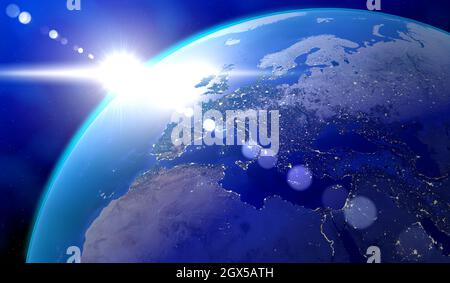 Terra, Europa e Nord Africa - bagliori di sole e luci di città in Spagna, Germania, Francia, Regno Unito, Polonia, Russia, Italia, Israele. Elementi di Foto Stock