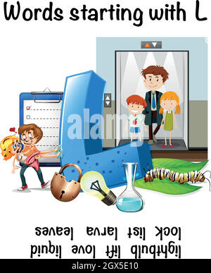 Foglio di lavoro in inglese per le parole che iniziano con L Illustrazione Vettoriale