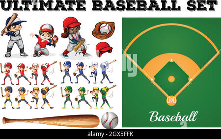 Bambini nella squadra di baseball e campo Illustrazione Vettoriale