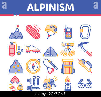 Alpinismo elementi di raccolta icone vettoriali impostato Illustrazione Vettoriale