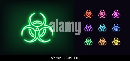 Icona del rischio biologico al neon. Simbolo di rischio biologico al neon incandescente, pittogramma di infezione in colori vivaci. Zona di pericolo, inquinamento biologico e rifiuti tossici. Vet Illustrazione Vettoriale