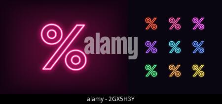 Icona percentuale neon contorno. Simbolo di percentuale al neon brillante, pittogramma di sconto in colori vivaci. Shopping online, vendita, offerta di prezzo scontato, pubblicità. Illustrazione Vettoriale