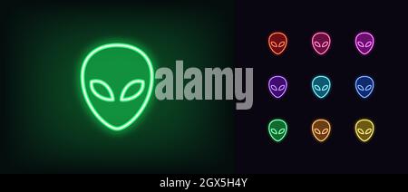 Contorno icona aliena neon. Volto alieno al neon brillante, emoticon umanoide dai colori vivaci. Invasione spaziale, straniero, emoji alieno, extraterrestre, marziano Illustrazione Vettoriale
