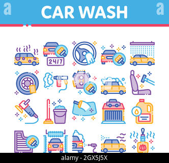 Vettore set icone raccolta automatica lavaggio auto Illustrazione Vettoriale