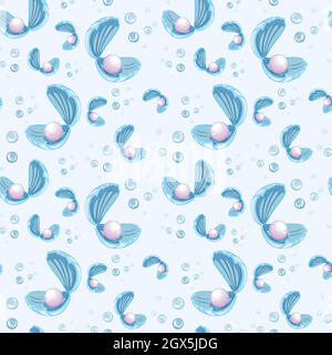 Perla senza cuciture in stile cartoon shell su sfondo blu Illustrazione Vettoriale