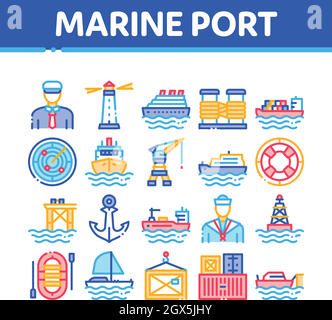 Marine Port Transport Collection icone Set Vector Illustrazione Vettoriale