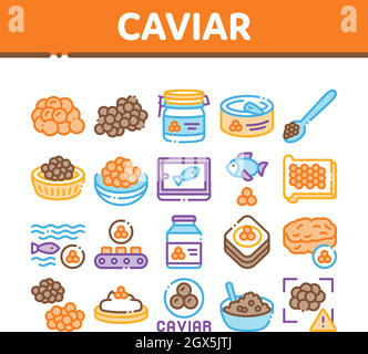 Il caviale prodotto frutti di mare raccolta di set di icone vettore Illustrazione Vettoriale