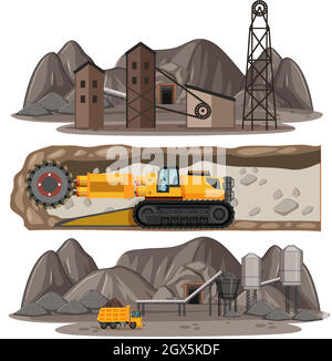 Settore minerario del carbone con diversi tipi di autocarri da costruzione Illustrazione Vettoriale