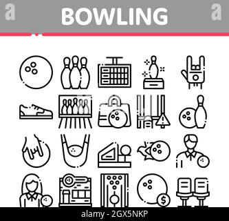 Bowling Gioco Strumenti Raccolta Icone Set Vettore Illustrazione Vettoriale