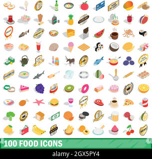 100 food set di icone isometrica 3d style Illustrazione Vettoriale