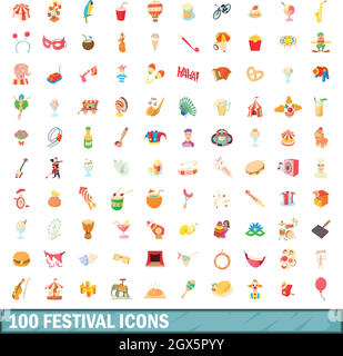 100 festival set di icone, stile cartoon Illustrazione Vettoriale